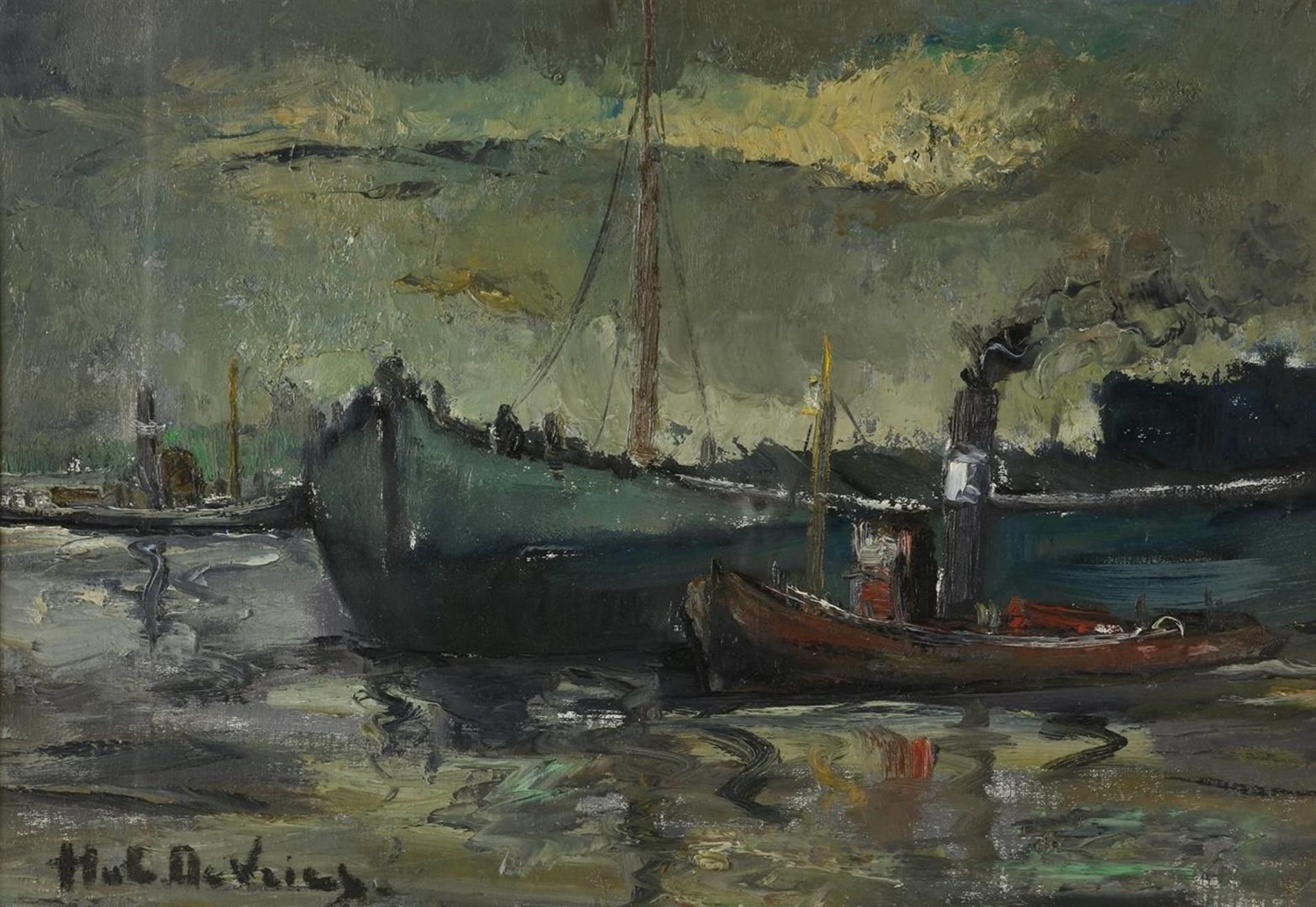 Hubert Vries De (1899-1979) Sailboat and steamboat in harbour, signed lower left, canvas 34 x 48