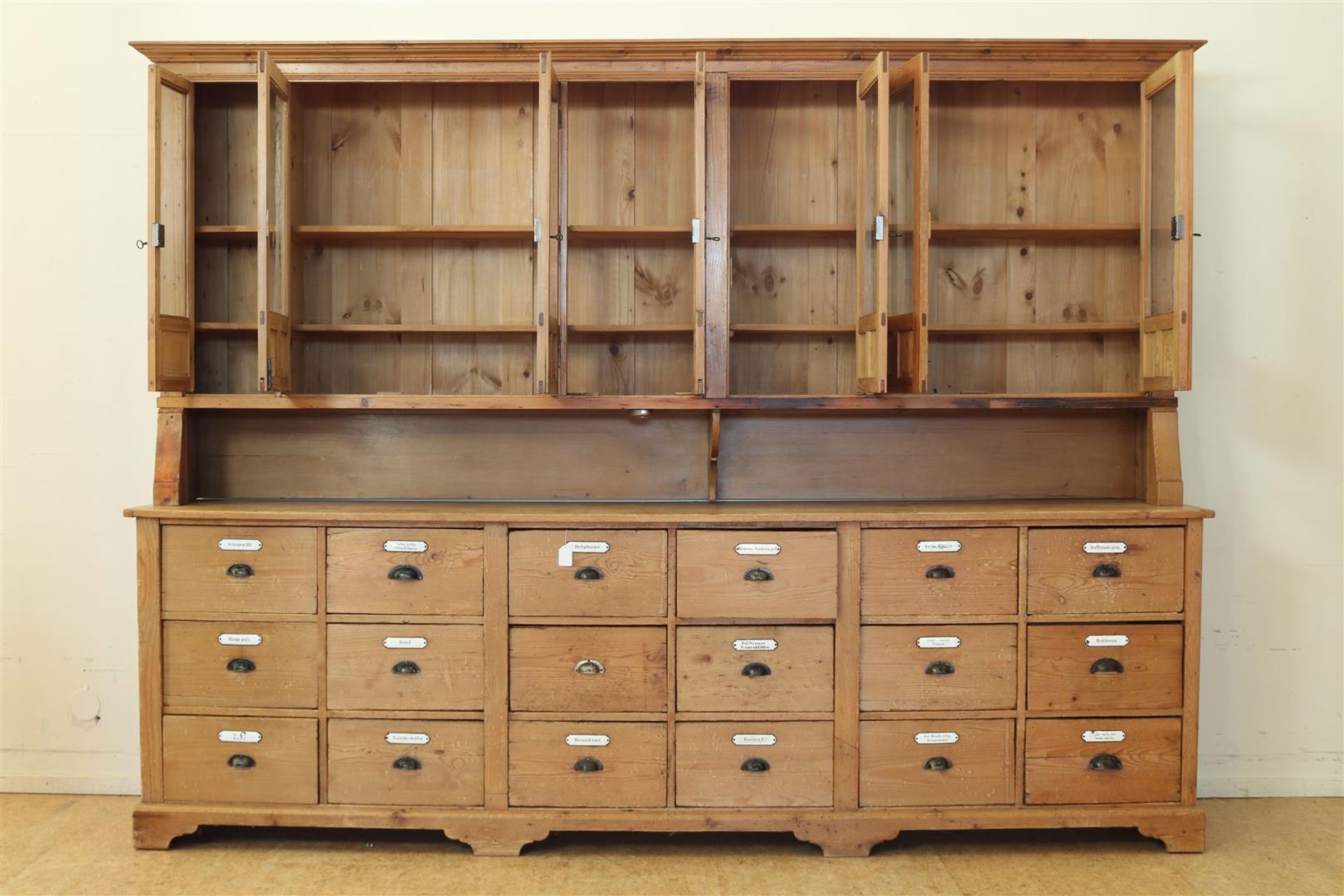 Pine pharmacist's cabinet, upstand with 7 partly glass doors, base cabinet with 18 spice drawers - Image 2 of 9