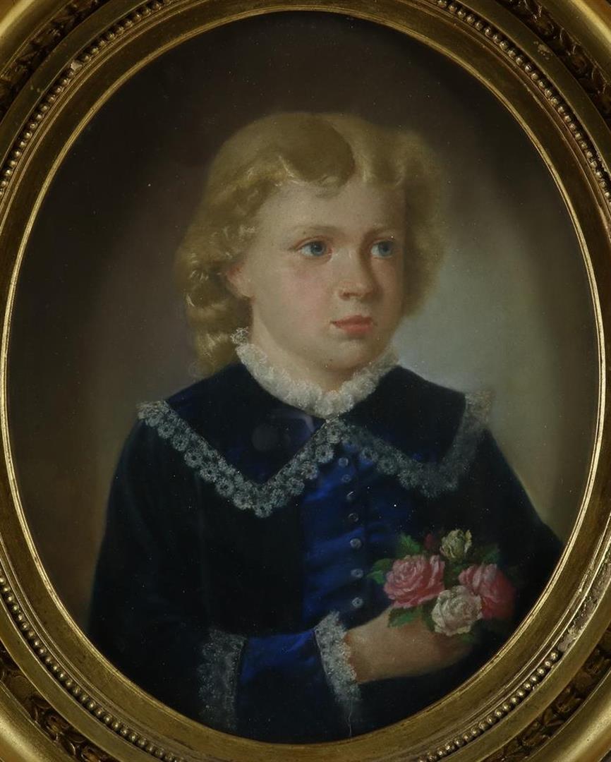 German School, 19th century, Portrait of a young man with a bunch of roses, not signed, pastel on