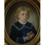 German School, 19th century, Portrait of a young man with a bunch of roses, not signed, pastel on