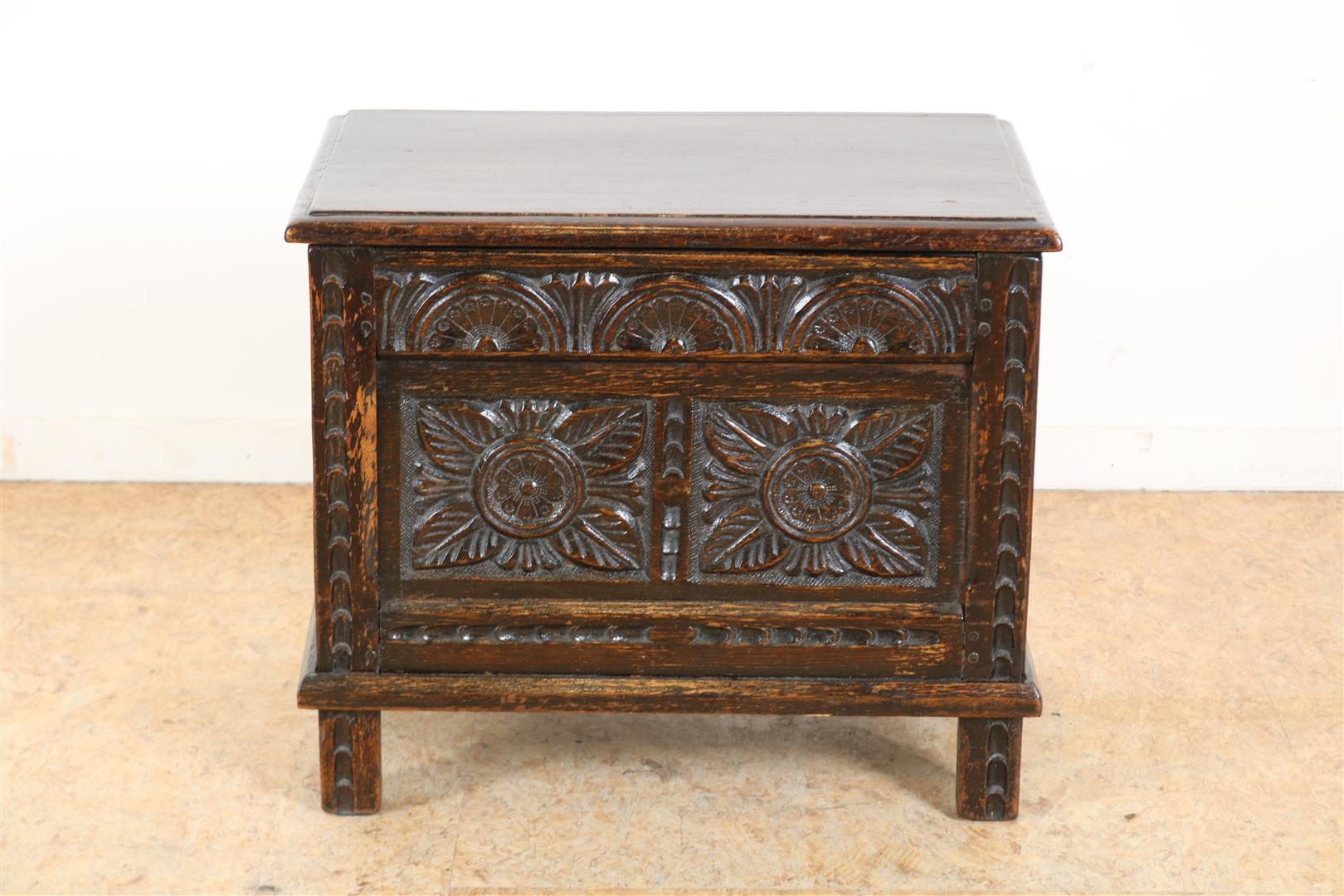 Oak document box with richly carved front panel of flowers, Germany, 43 x 50 x 33 cm.