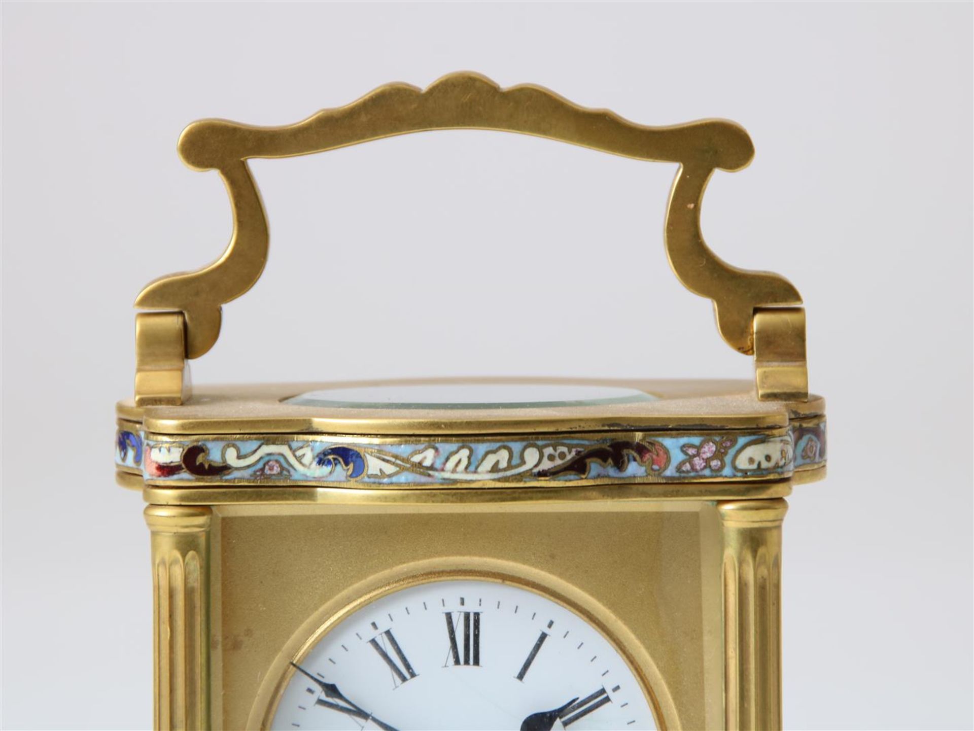 Gilt brass travel clock with enamel dial with Roman numerals, alarm clock with Arabic numerals, with - Image 3 of 7