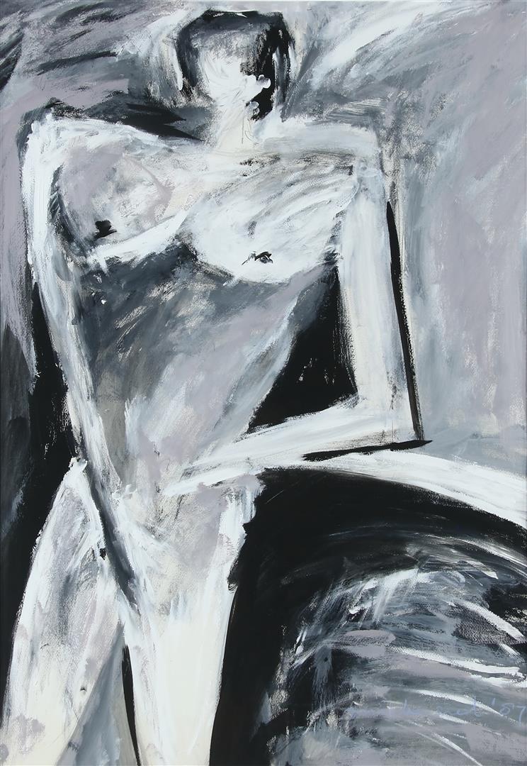 Nude portrait in black and white, signed bottom right Mieke Snel and dated '87, acrylic on paper, 95 - Image 2 of 5