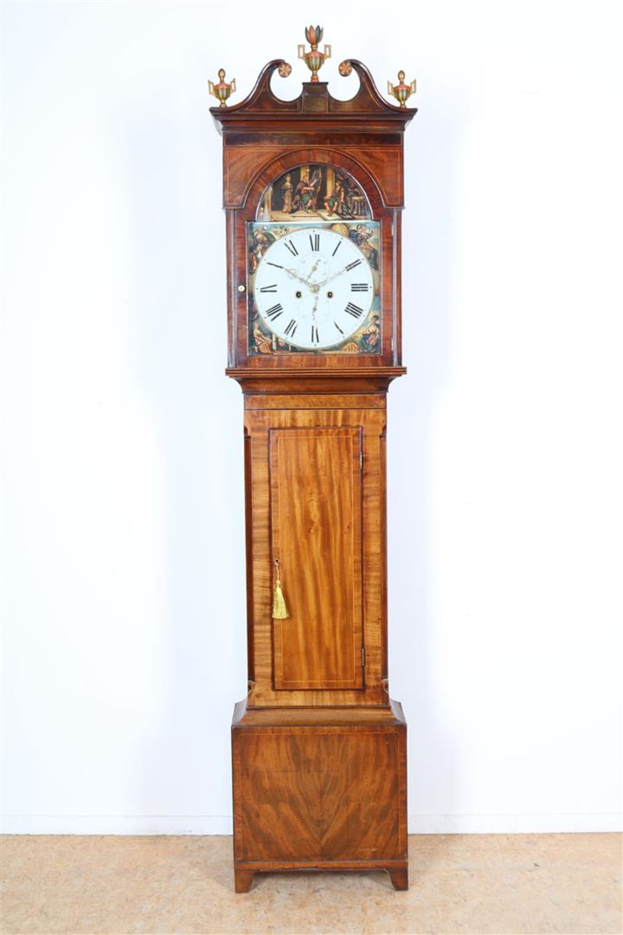 Longcase watch with painted dial, images of "David Playing before Saul" and the 4 seasons, England