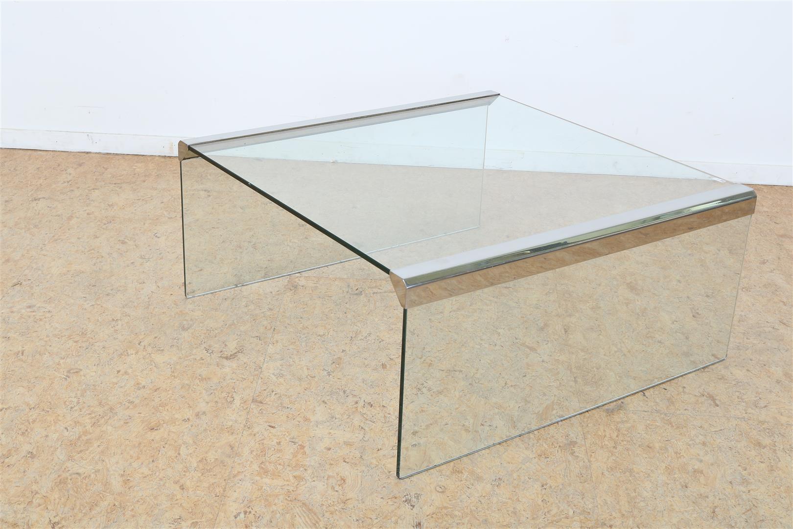 Thick glass vintage coffee table with aluminum side supports, design Pierangelo Gallotti for