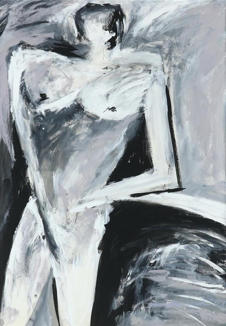 Nude portrait in black and white, signed bottom right Mieke Snel and dated '87, acrylic on paper, 95