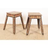 Set of red and gilded wooden stools with relief decor of leaves, origin Madura, East Java-Indonesia,