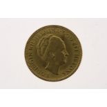 Gold tenner with image of Wilhelmina with updo hair, in an ermine cloak, looking to the right, 1925,