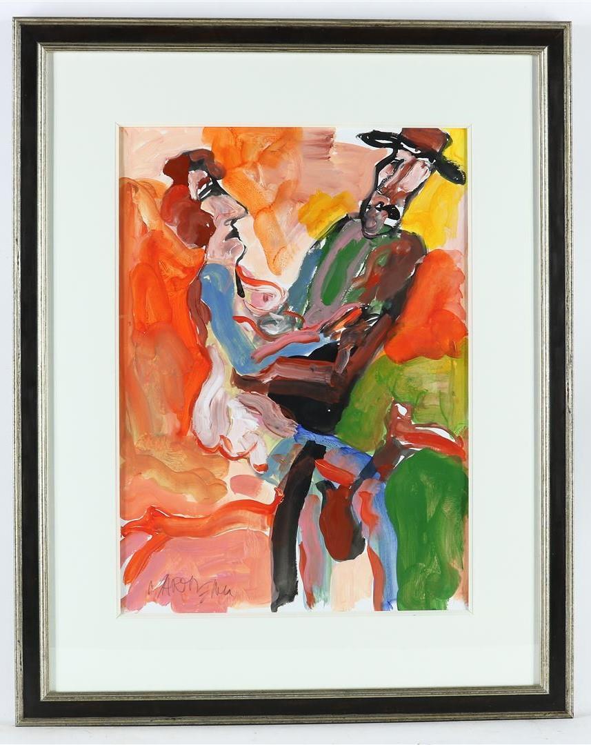 Anton Martineau (1926-2017) Tango dancers in orange, signed bottom left, gouache 70 x 50 cm. - Image 2 of 6