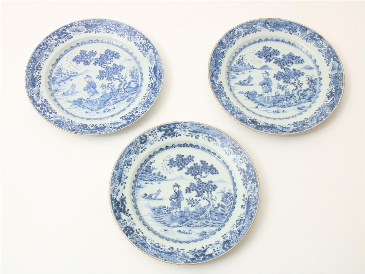 A set of 3 porcelain dishes decorated with a figure next to river, China 18th century, Qianlong,