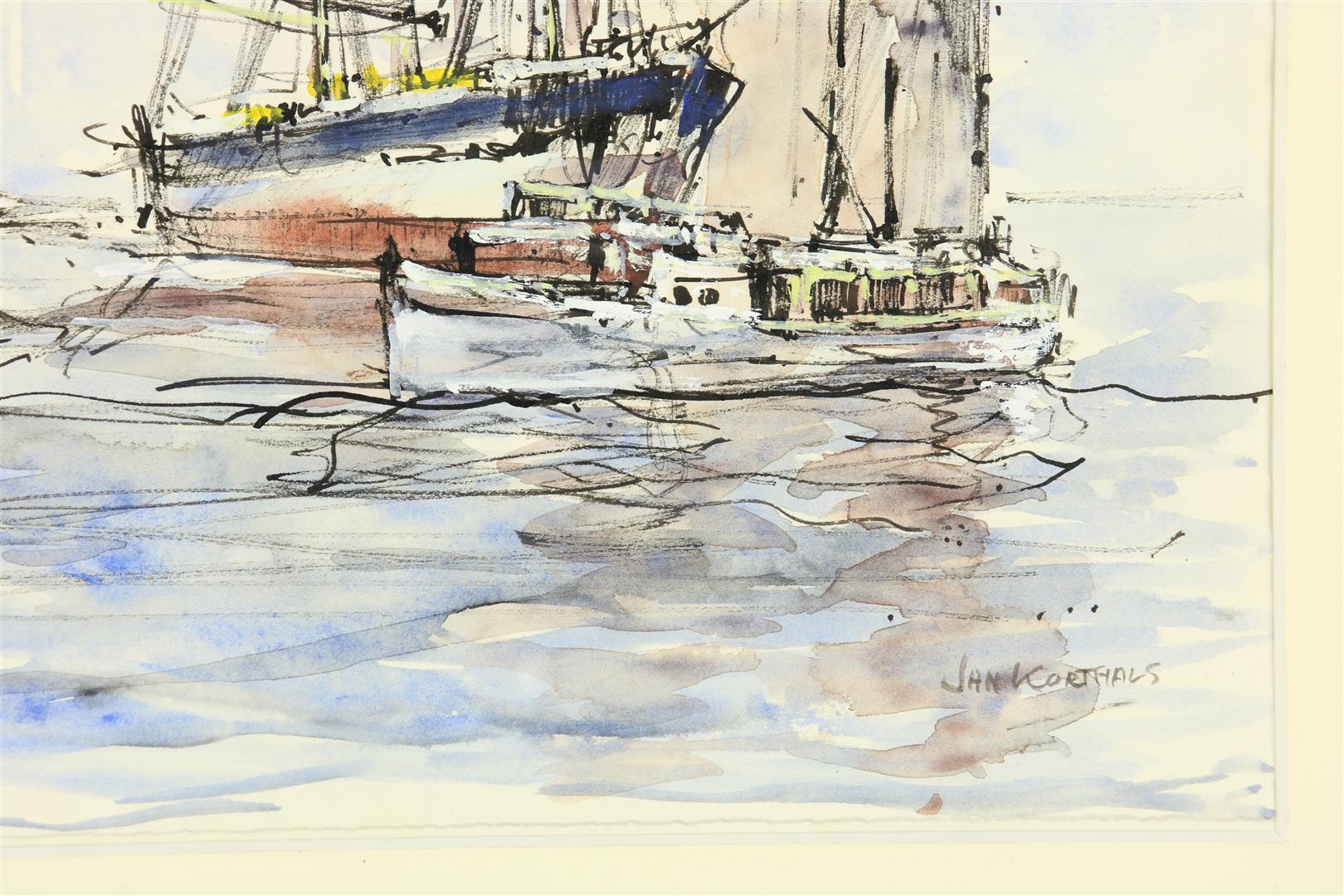 Jan Korthals (1916-1972) Outer harbour, signed lower right. Mixed technique on paper, 22 x 25 cm. - Image 3 of 4