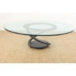 Coffee table with cut glass top on iron round base, designer Maurice Barilone for Roche Bobois,