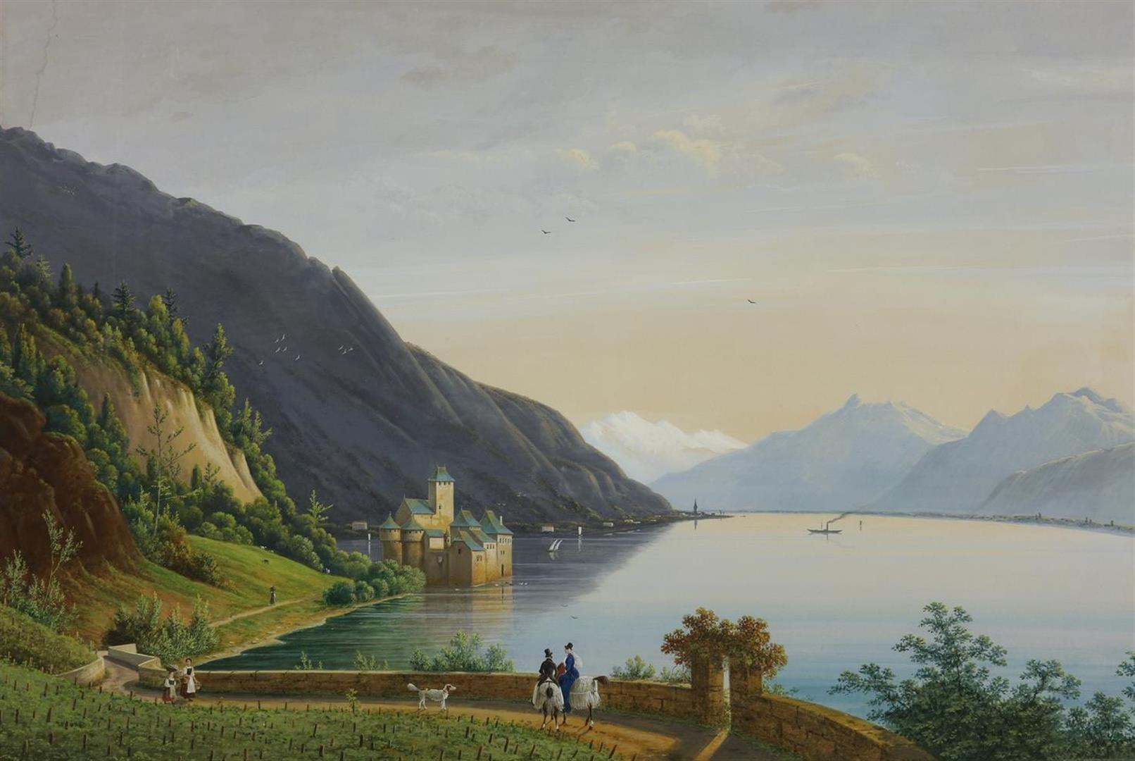 Henri Knip (1819-1897) View of Lake Geneva with Chateau de Chillon and Swiss Alps in the - Image 2 of 5