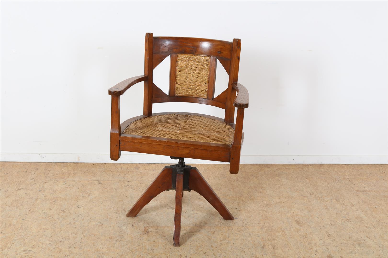 Teak Art Deco office chair with woven wicker seat, Indonesia ca. 1925.