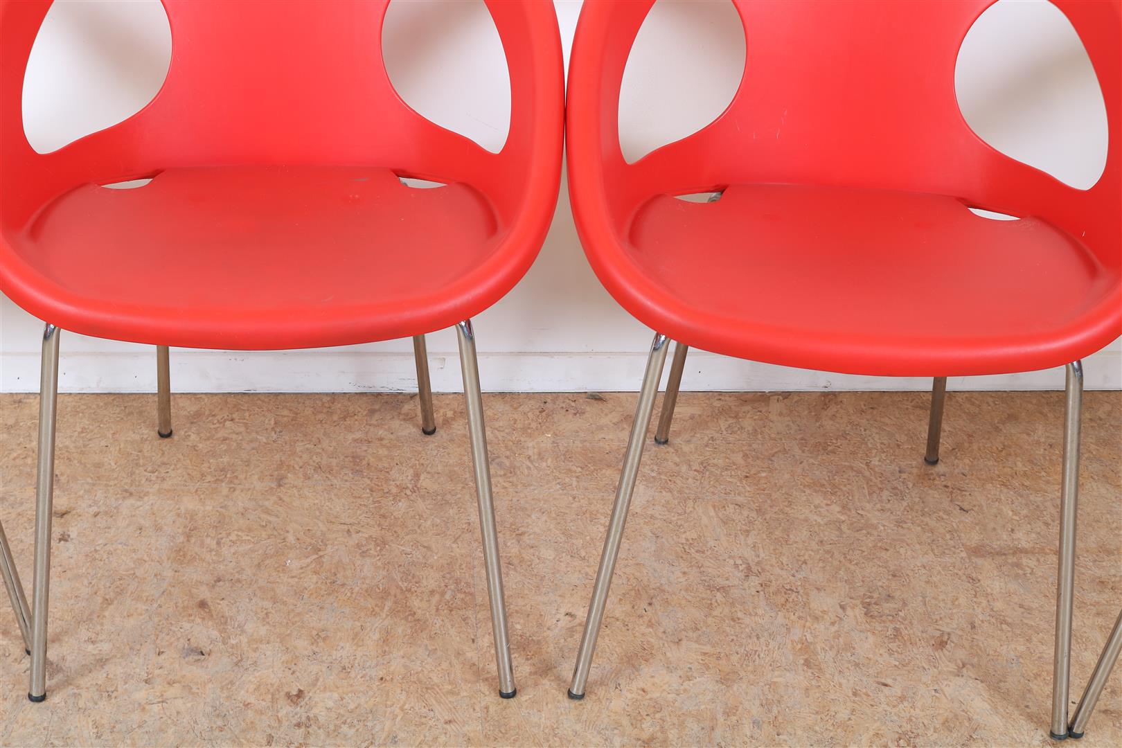 Series of 12 red plastic bucket chairs on chrome legs, marked on the bottom Drop Scab, design - Image 2 of 5