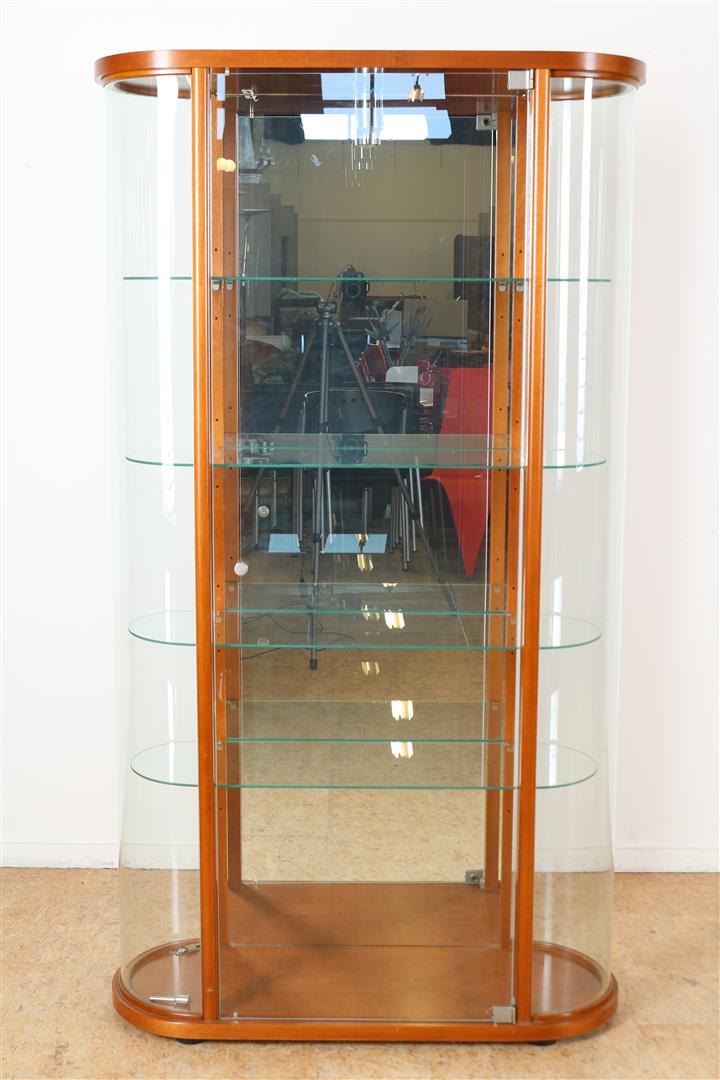 Walnut oval modern display cabinet with 4 glass shelves, 174 x 96 x 38 cm.