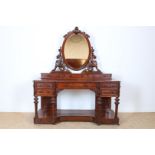 Mahogany Victorian dressing table with mirror stand fanned by 2 dragons, 10 various drawers on