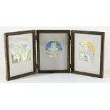 Figures in triptych, unsigned, ink/watercolour, 8.5 x 9 cm, 7 x 7 cm and 8.5 x 6 cm.