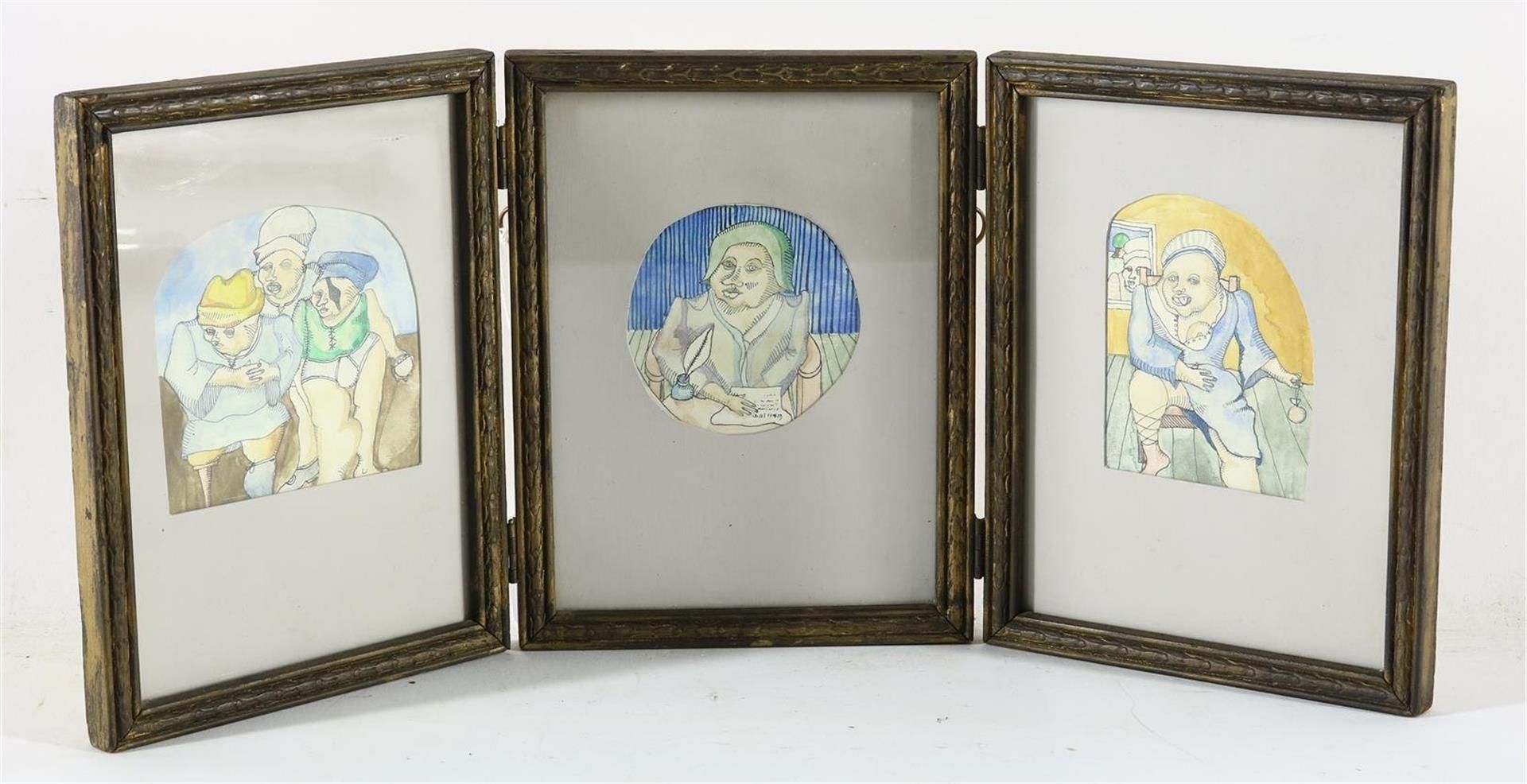 Figures in triptych, unsigned, ink/watercolour, 8.5 x 9 cm, 7 x 7 cm and 8.5 x 6 cm.