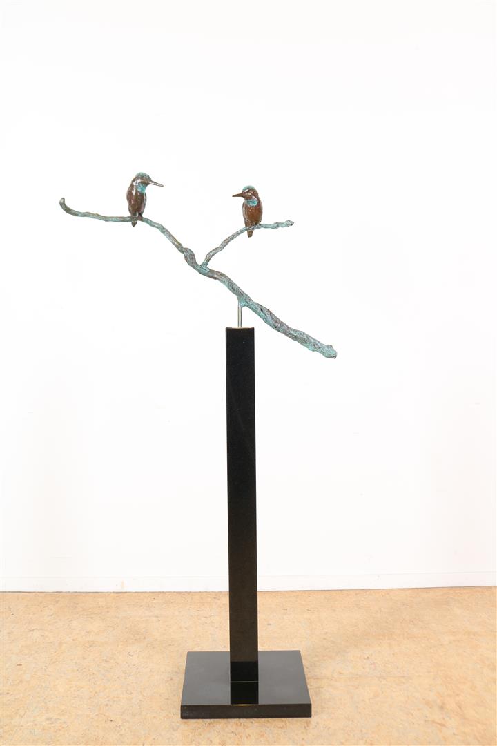 Bronze sculpture of 2 kingfishers sitting on a branch on a natural stone base, unsigned, probably