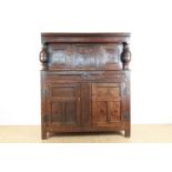 Oak sideboard, upper cabinet with straight hood and 2 panel doors inlaid with fruit wood supported