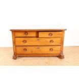 Mahogany laundry chest with marble top on 4 drawers with wooden pulls, 19th century, 77 x 125 x 76