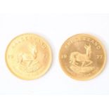 2 gold Krugerrands, from 1977. weight per piece 33.93 grams (fine gold, grade 917/000)