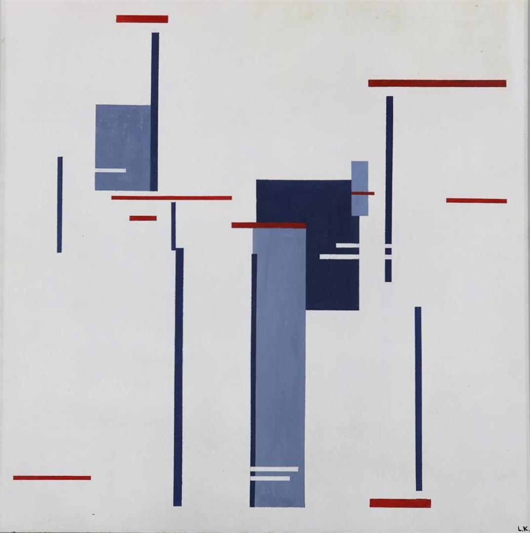 Ladislav Kroha Abstract composition in gray/red, signed bottom right with initials "L.K." and full