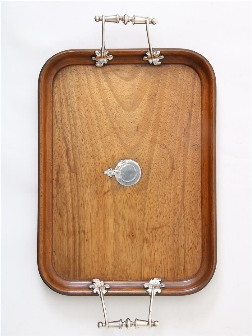 Wooden tray with silver inlay and silver handles, hallmarked with sword, late 19th century