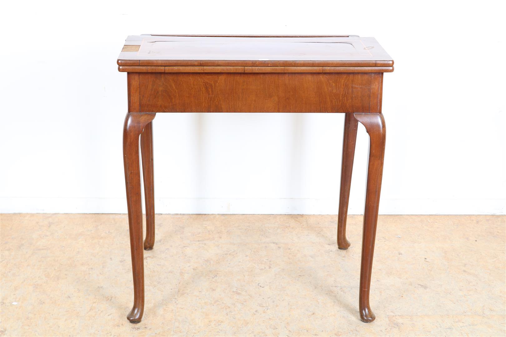 Mahogany Queen Anne style game table with green felt inlaid top on saber legs, 19th century, 74 x 70