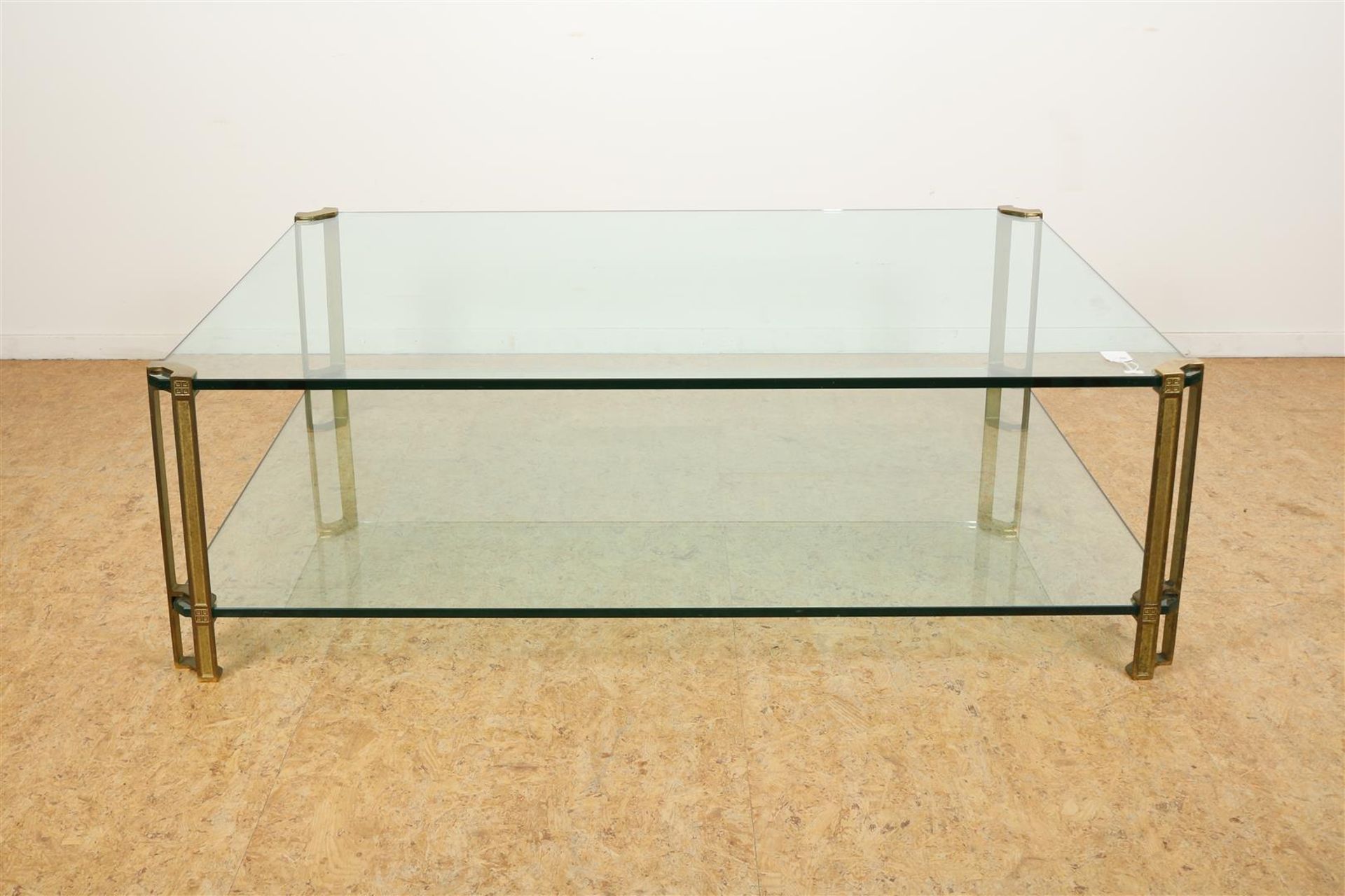 Thick glass Hollywood Regency design coffee table on bronze legs, Peter Ghyczy, model T24,