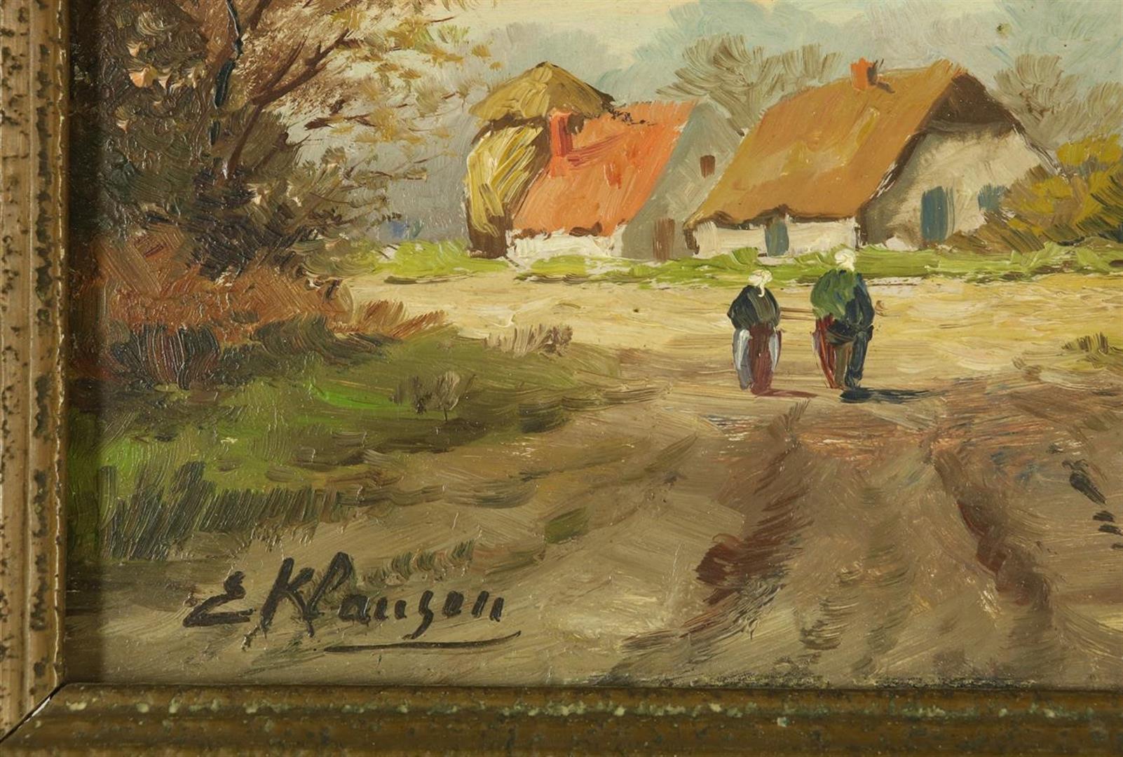 Landscape with figures, signed lower left E. Klaassen, Twente painter, approx 1930, oil on - Image 4 of 4