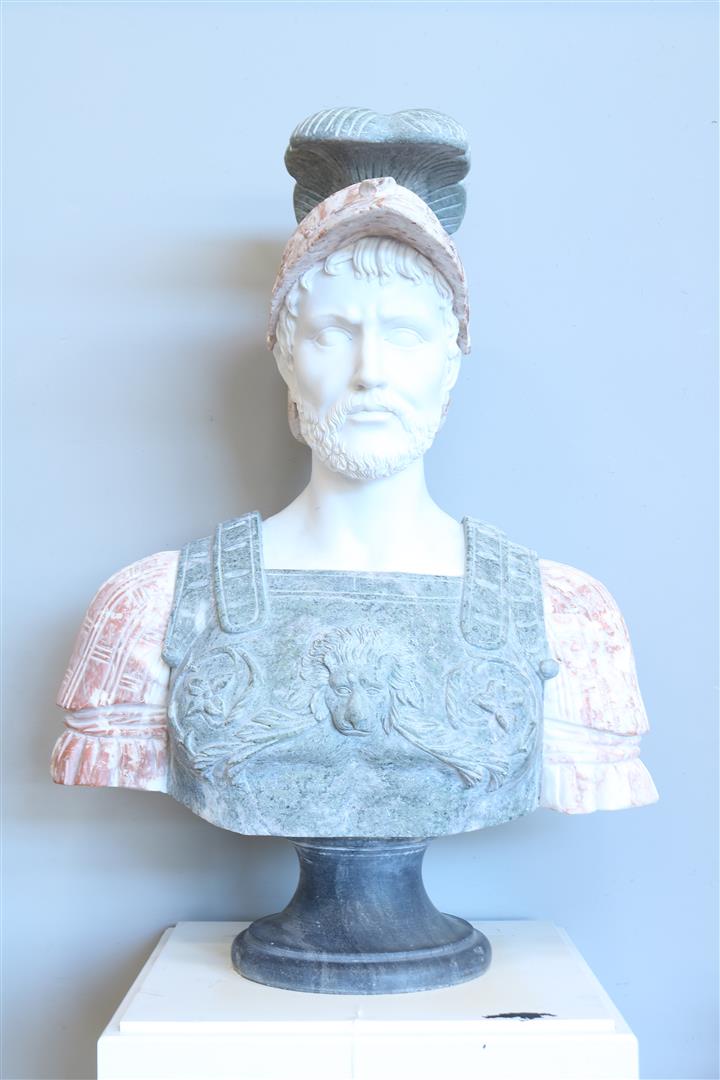 Marble bust of the war God Ares, height 80 cm. on wooden pedestal, height 103 cm.