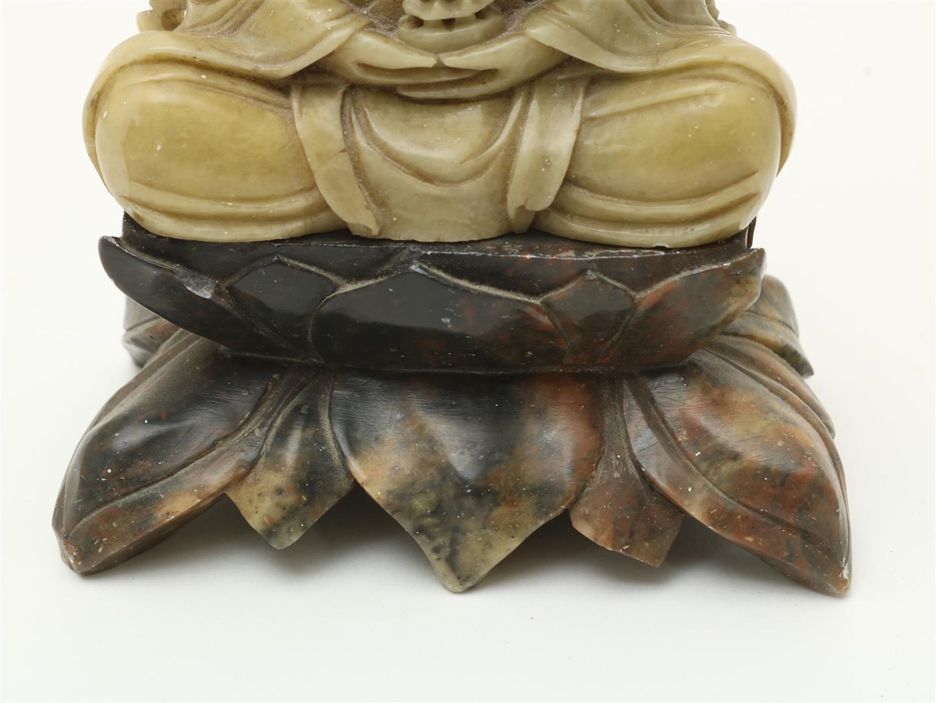 Soapstone sculpture of sitting Buddha on lotus flower, China, 20th century, height 23 cm. (edge - Image 3 of 5