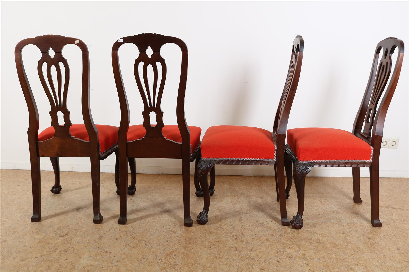 Series of 4 Chippendale-style chairs with elaborate backrest, red fabric seat on ball claw feet, - Image 4 of 4