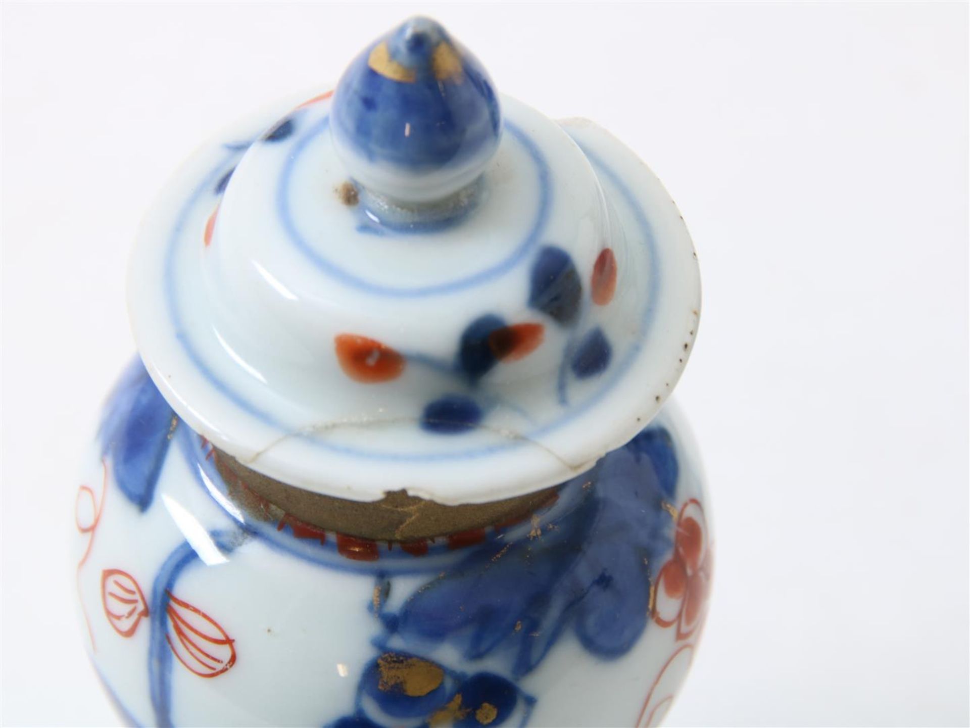 Set of porcelain miniature lidded vases with floral decor, height 10 cm. (edge restored and lids - Image 6 of 10
