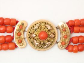 4 strand red coral necklace with beads, Zeeuws-Vlaanderen