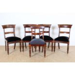 Series of 5 mahogany Victorian chairs with velvet upholstery on fluted legs, England ca. 1880. (1x