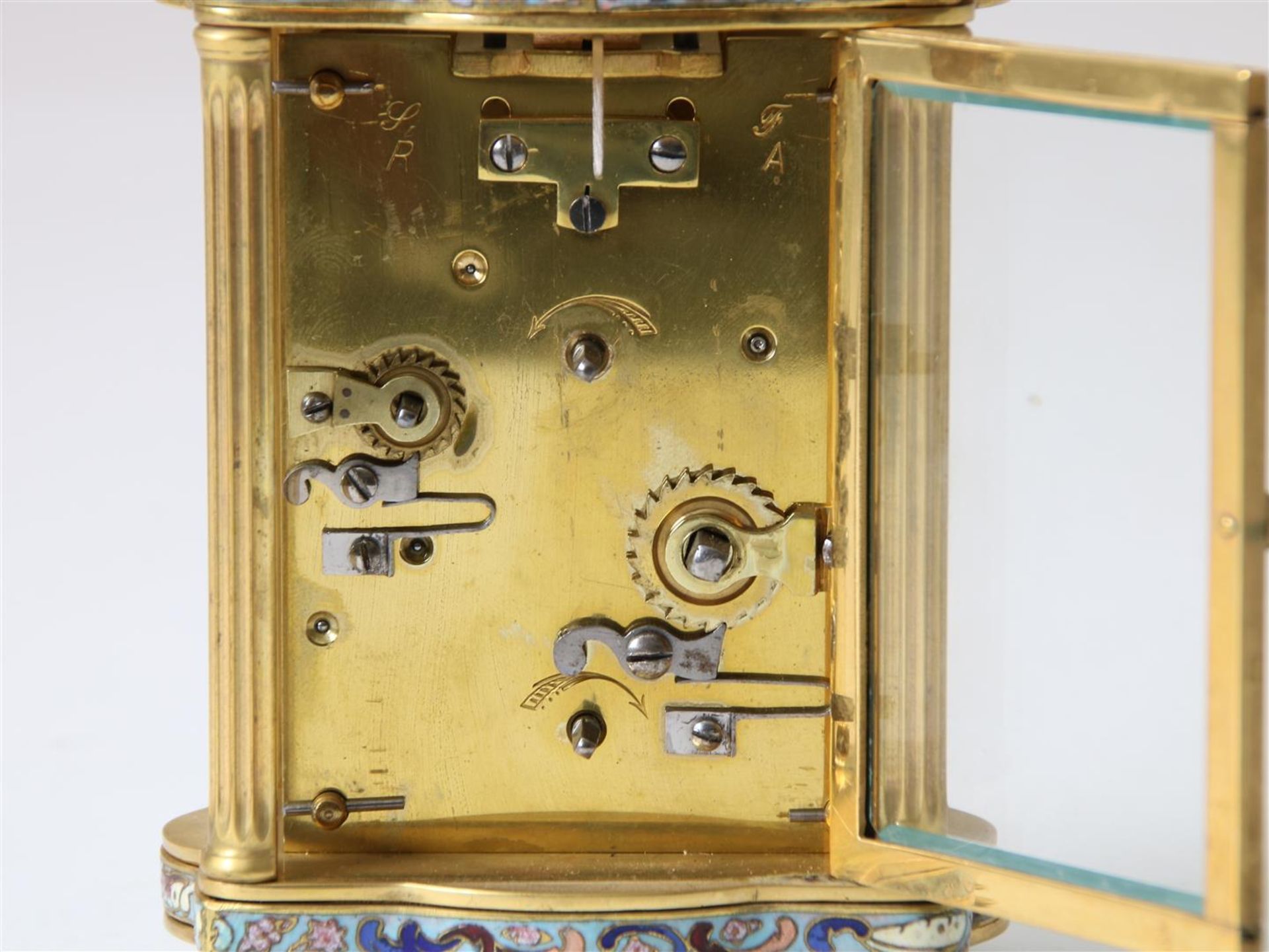 Gilt brass travel clock with enamel dial with Roman numerals, alarm clock with Arabic numerals, with - Image 5 of 7