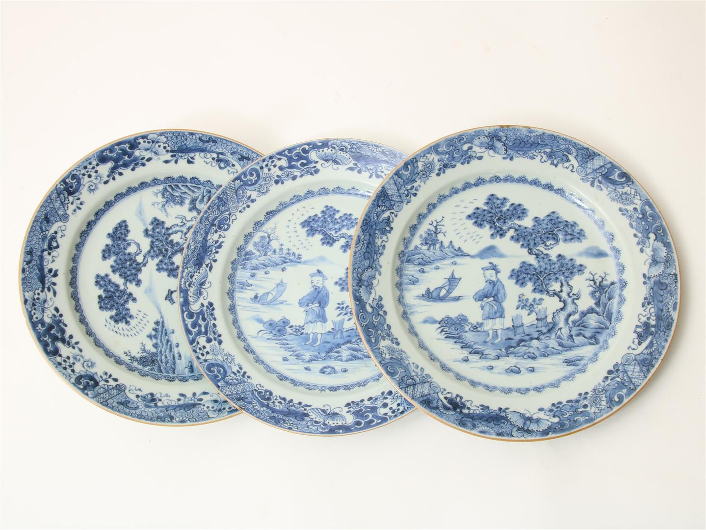 A set of 3 porcelain dishes decorated with a figure next to river, China 18th century, Qianlong, - Image 3 of 6