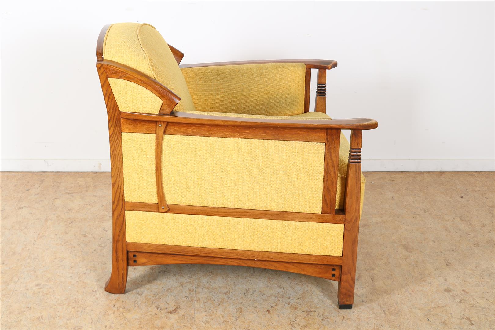 Oak Schuitema armchair with ocher yellow fabric upholstery (signs of use) - Image 4 of 5