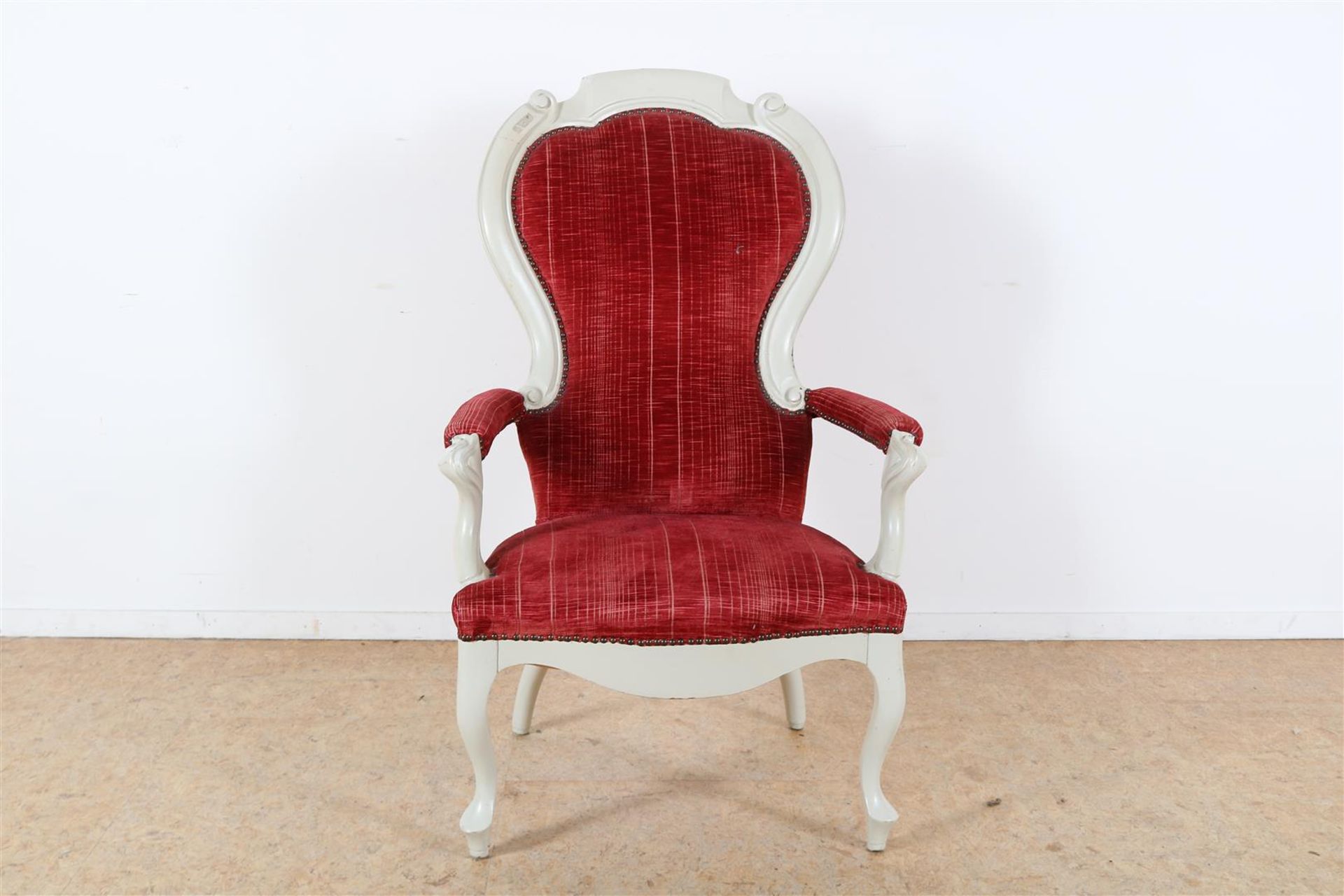 white-painted Biedermeier armchair with red velvet upholstery, 19th century.