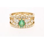 Rose gold harp ring set with emerald, pear shape facet cut, approximately 0.50 ct. and diamond,