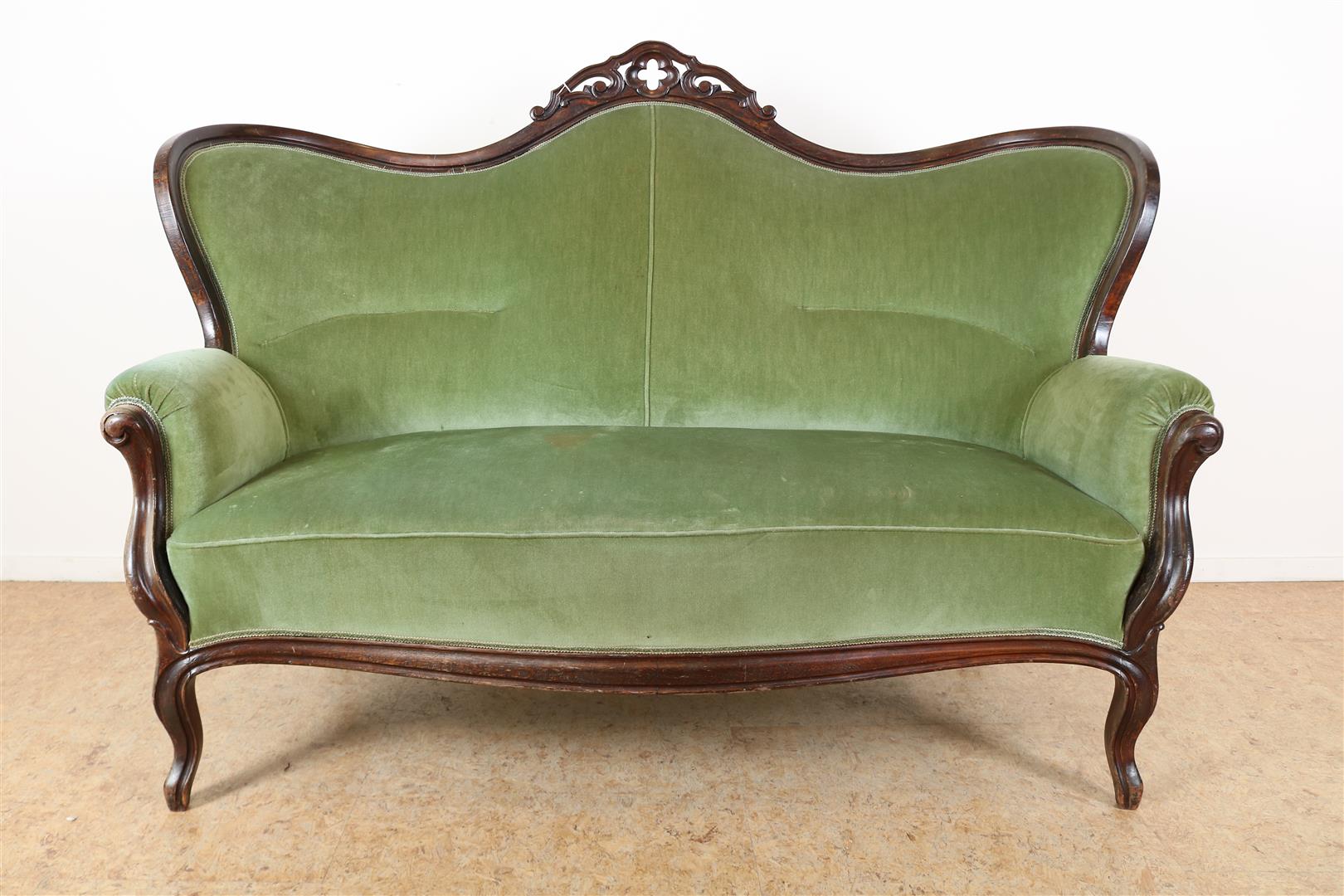 Mahogany Willem III sofa with green velvet upholstery, 19th century, ca. 1880, 117 x 170 x 70 cm. (