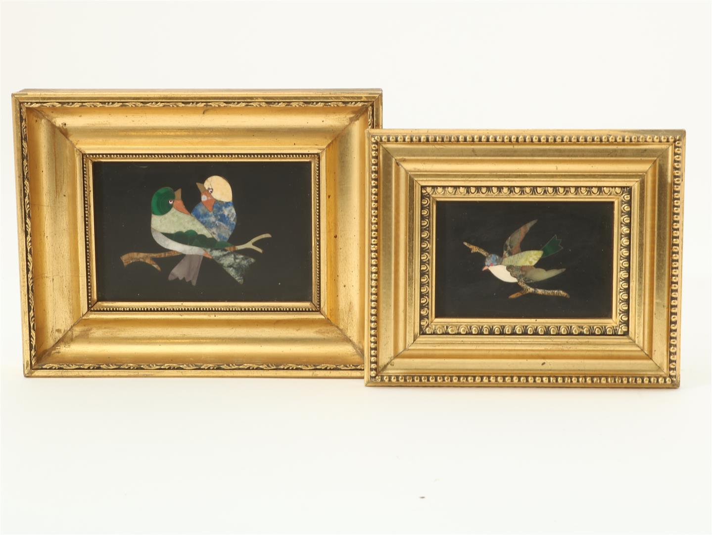 Two Italian pietra dura plaques of birds in gilded frames, 8 x 11.5 cm. and 6 x 9 cm. (2x).