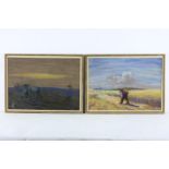 Farmer and man plowing along the cornfields, unclearly signed and dated 1922 lower right, gouache 40