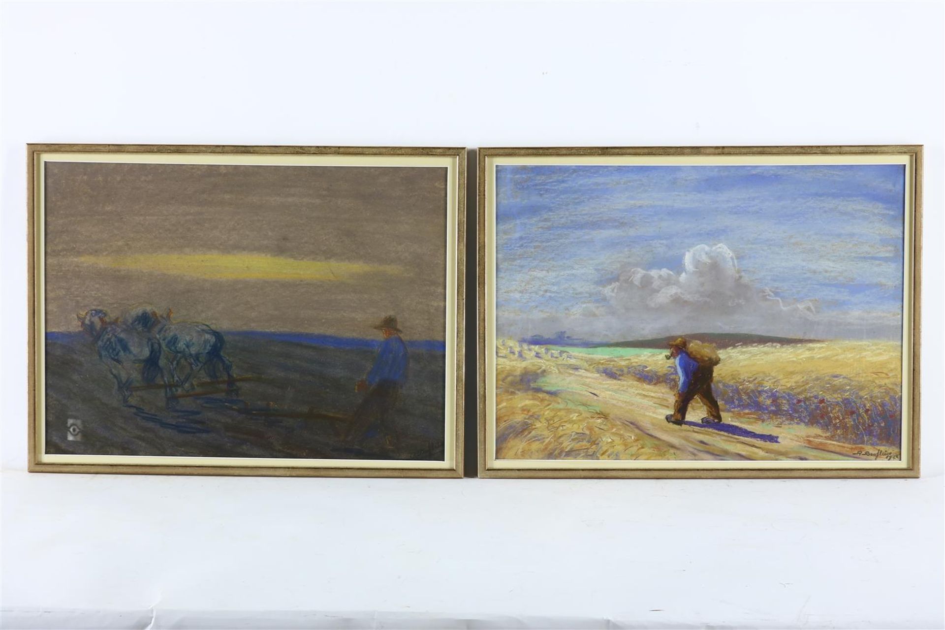 Farmer and man plowing along the cornfields, unclearly signed and dated 1922 lower right, gouache 40