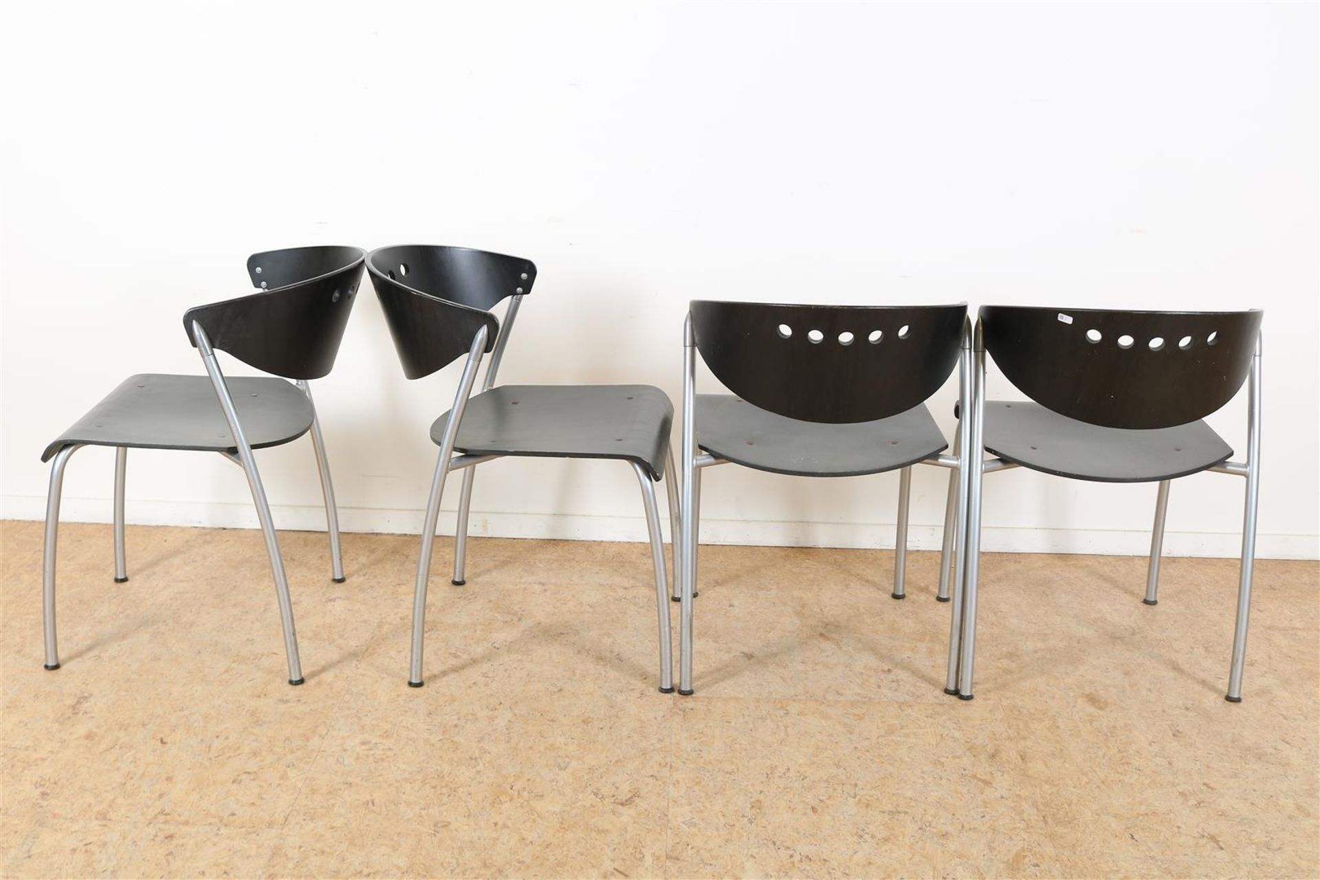 Series of 4 black-stained plywood chairs on chrome base. - Image 2 of 4