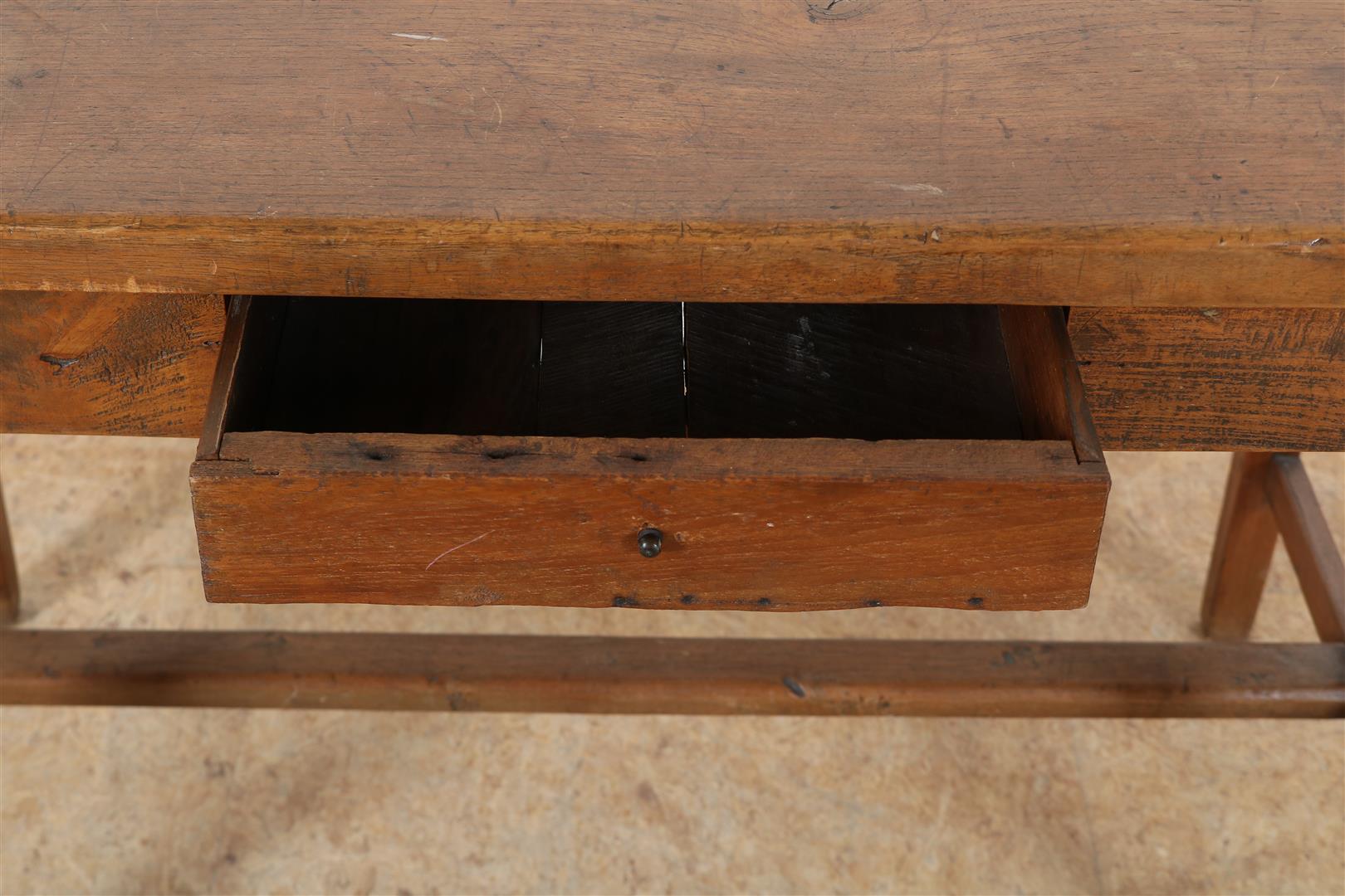 Teak kitchen table with drawer, resting block legs connected by rules, Indonesia, 68 x 103 x 57 cm. - Image 3 of 4