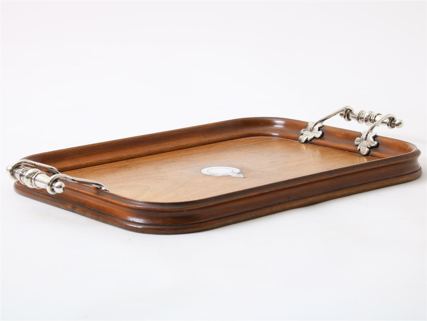 Wooden tray with silver inlay and silver handles, hallmarked with sword, late 19th century - Image 2 of 2